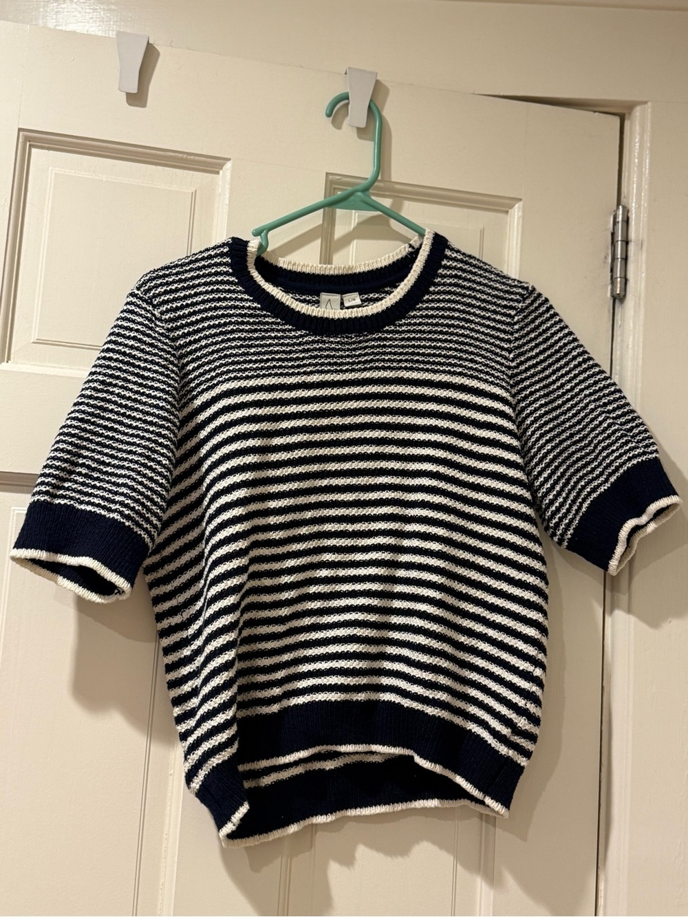 Joie Navy and White Striped Short-Sleeve Crew Sweater